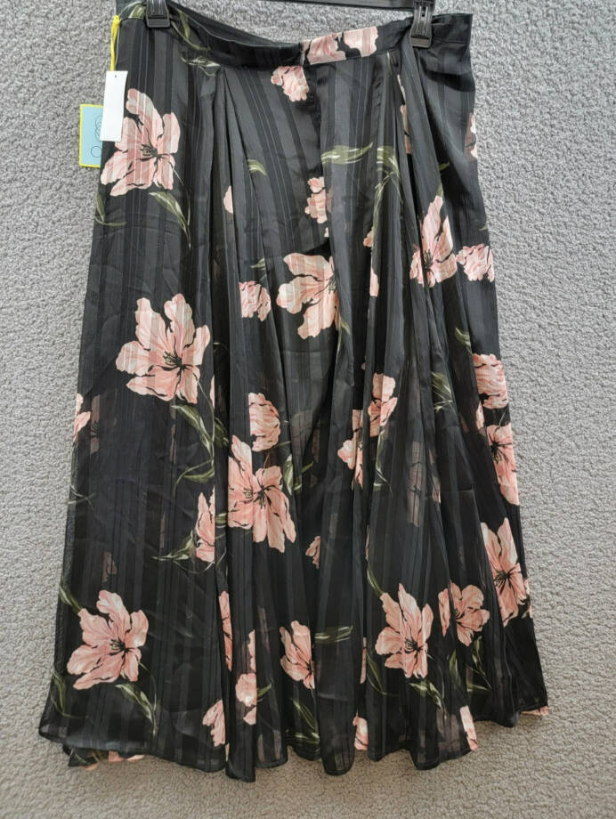 CeCe Pleated Floral Print Maxi Skirt Women's XL Black Multi Side Zip Closure