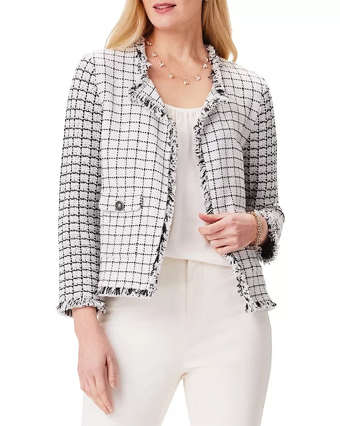 NIC+ZOE Grid Fringe Mix Knit Jacket Womens M Cream Multi Long Sleeves Open Front