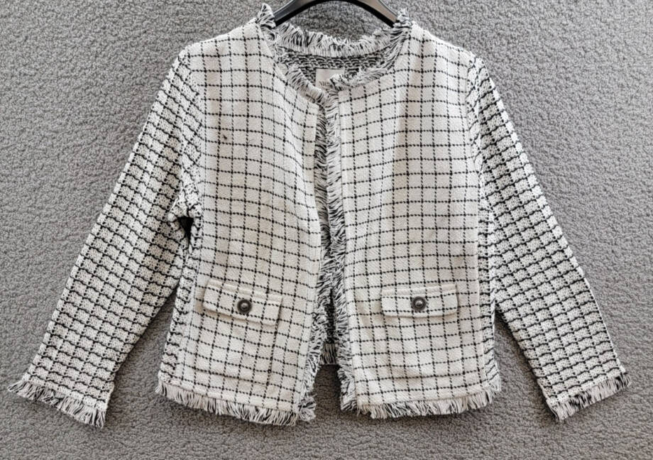 NIC+ZOE Grid Fringe Mix Knit Jacket Womens M Cream Multi Long Sleeves Open Front