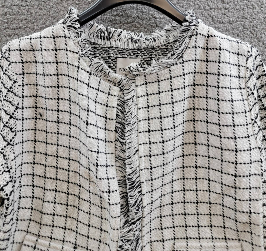 NIC+ZOE Grid Fringe Mix Knit Jacket Womens M Cream Multi Long Sleeves Open Front