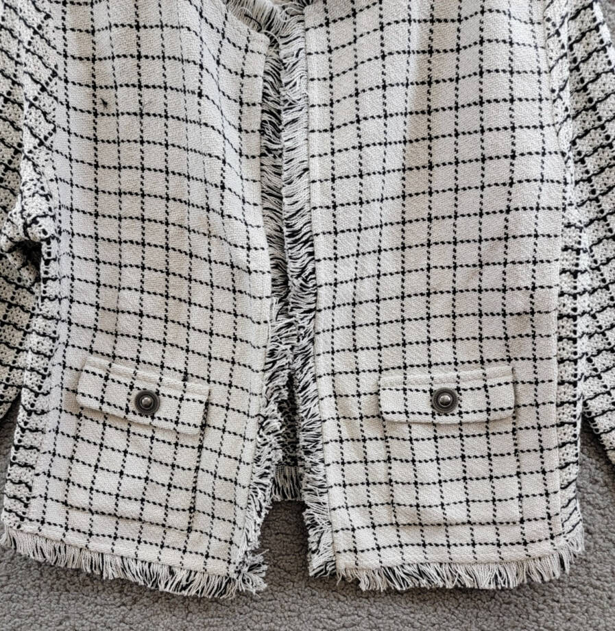 NIC+ZOE Grid Fringe Mix Knit Jacket Womens M Cream Multi Long Sleeves Open Front