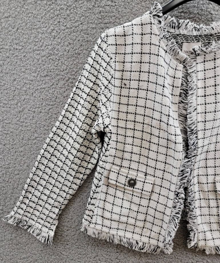 NIC+ZOE Grid Fringe Mix Knit Jacket Womens M Cream Multi Long Sleeves Open Front