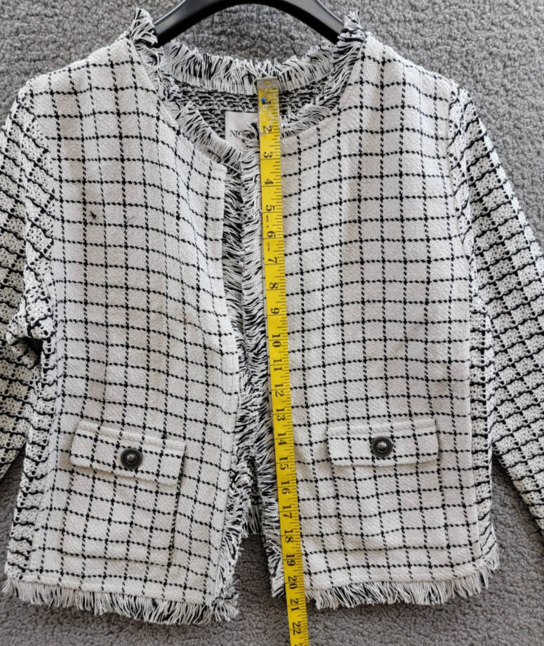 NIC+ZOE Grid Fringe Mix Knit Jacket Womens M Cream Multi Long Sleeves Open Front