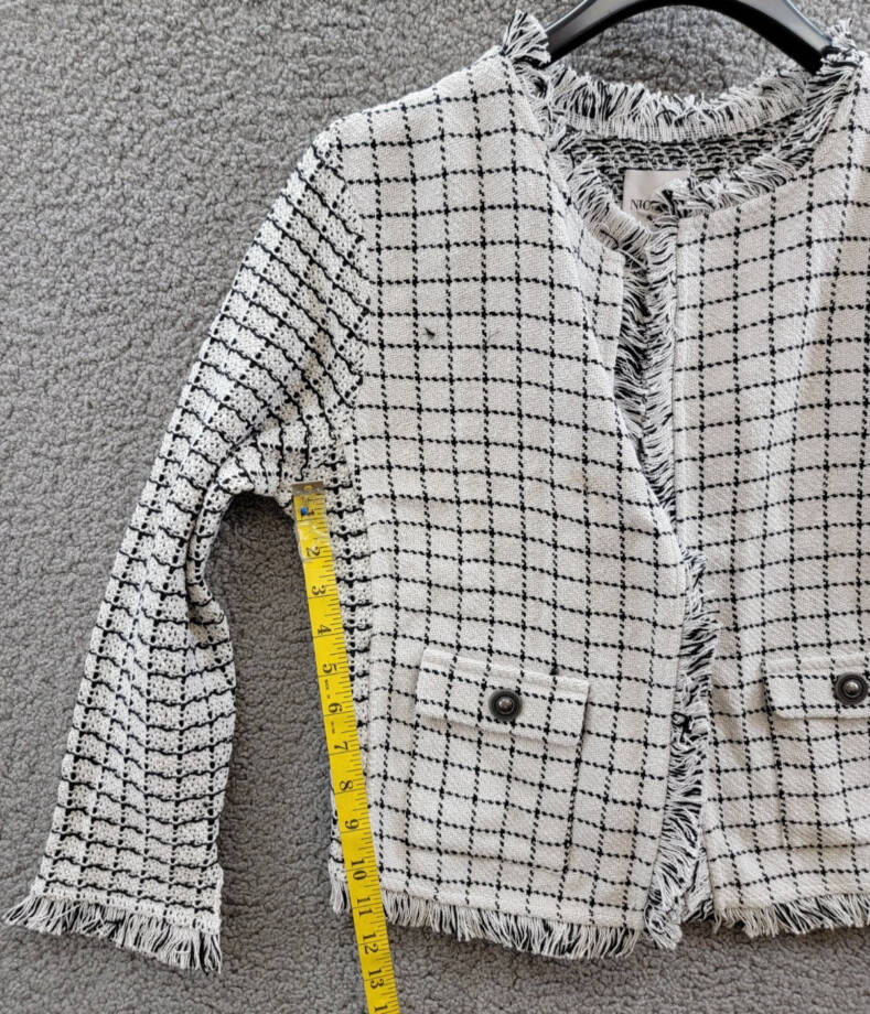 NIC+ZOE Grid Fringe Mix Knit Jacket Womens M Cream Multi Long Sleeves Open Front