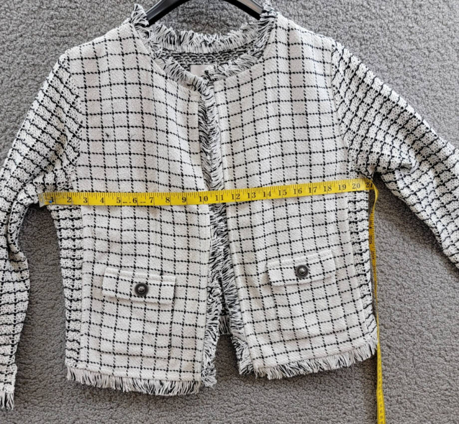 NIC+ZOE Grid Fringe Mix Knit Jacket Womens M Cream Multi Long Sleeves Open Front