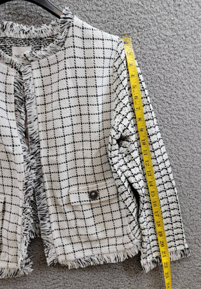 NIC+ZOE Grid Fringe Mix Knit Jacket Womens M Cream Multi Long Sleeves Open Front