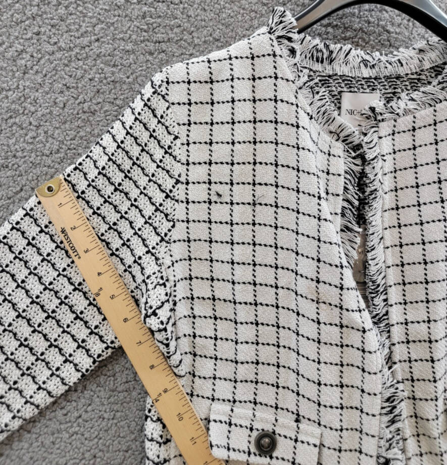NIC+ZOE Grid Fringe Mix Knit Jacket Womens M Cream Multi Long Sleeves Open Front