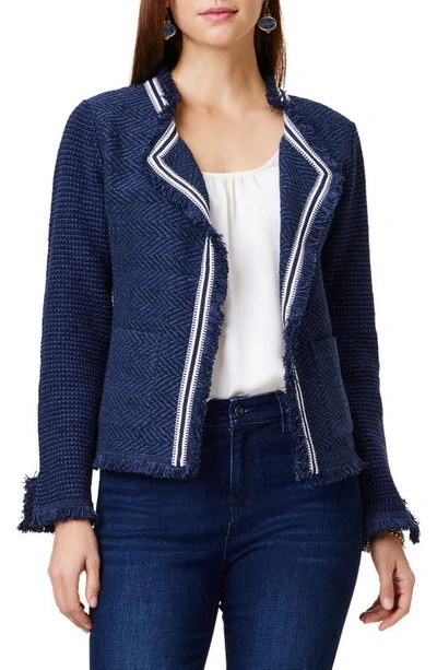 NIC+ZOE Ribbon Trim Fringe Mix Knit Blazer Women's XL Dark Indigo Long Sleeves~