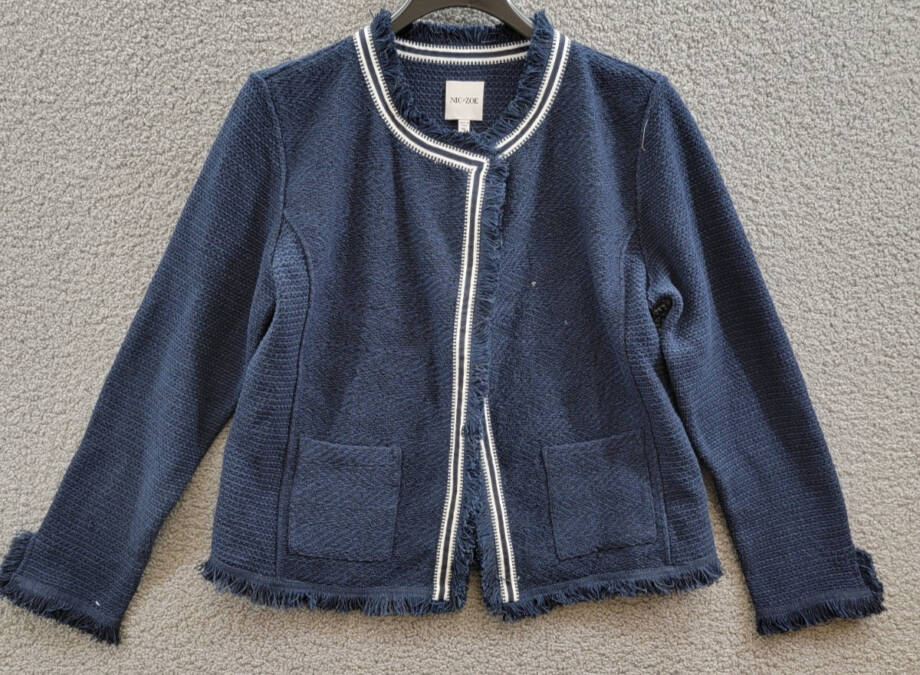 NIC+ZOE Ribbon Trim Fringe Mix Knit Blazer Women's XL Dark Indigo Long Sleeves~
