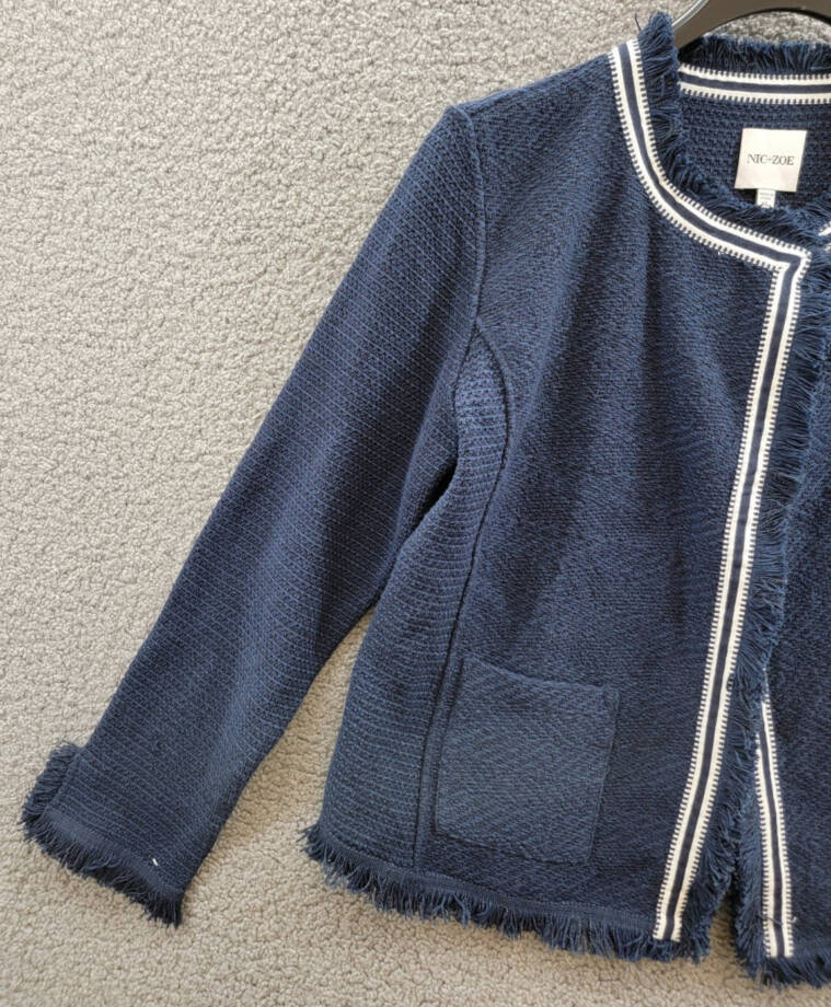 NIC+ZOE Ribbon Trim Fringe Mix Knit Blazer Women's XL Dark Indigo Long Sleeves~