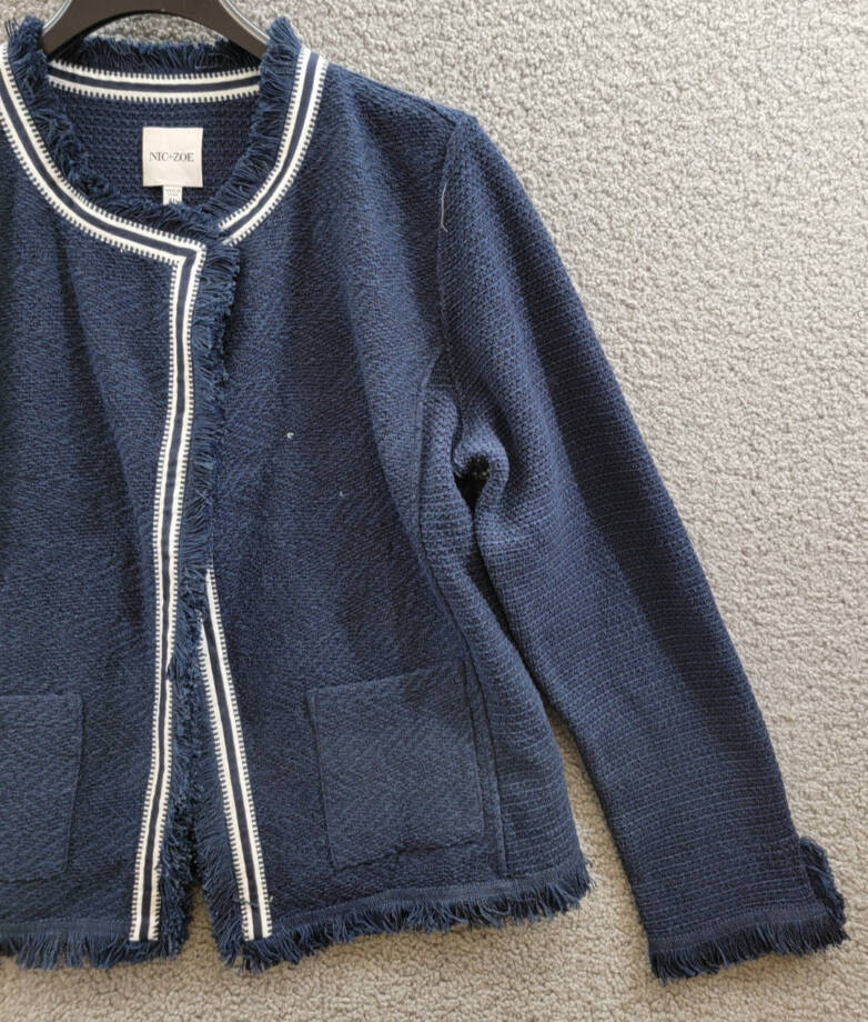 NIC+ZOE Ribbon Trim Fringe Mix Knit Blazer Women's XL Dark Indigo Long Sleeves~