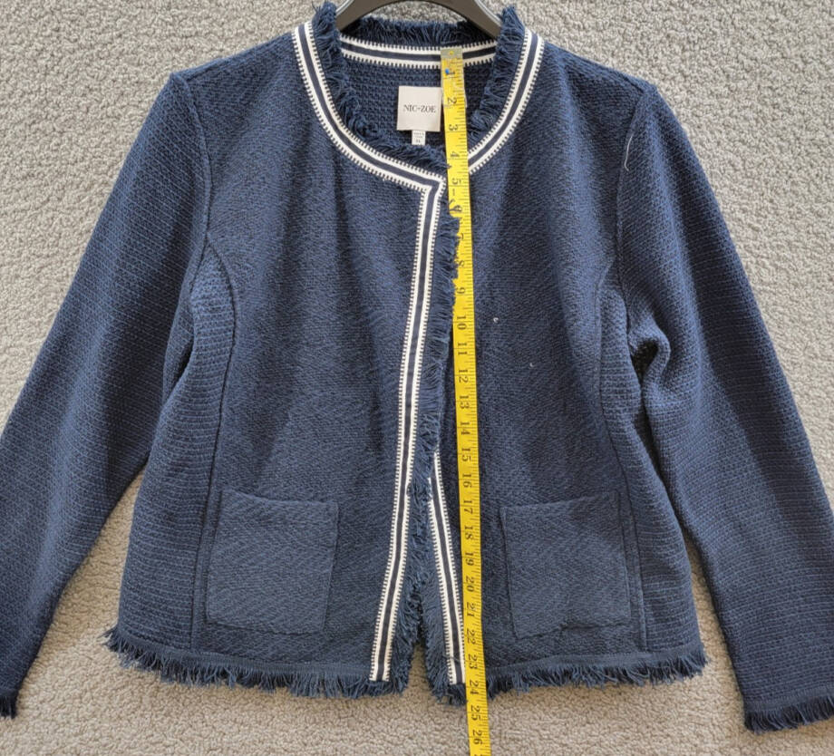 NIC+ZOE Ribbon Trim Fringe Mix Knit Blazer Women's XL Dark Indigo Long Sleeves~