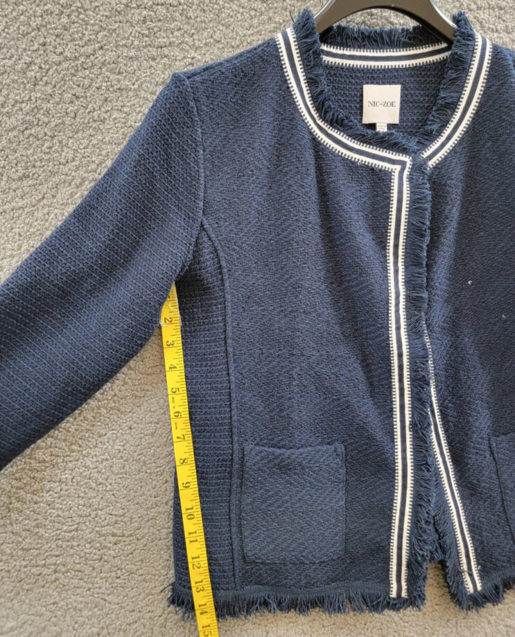 NIC+ZOE Ribbon Trim Fringe Mix Knit Blazer Women's XL Dark Indigo Long Sleeves~