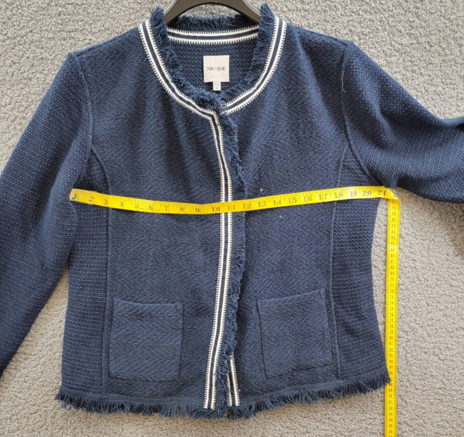 NIC+ZOE Ribbon Trim Fringe Mix Knit Blazer Women's XL Dark Indigo Long Sleeves~