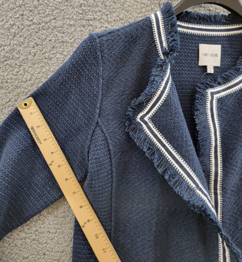NIC+ZOE Ribbon Trim Fringe Mix Knit Blazer Women's XL Dark Indigo Long Sleeves~