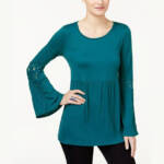 Style & Co Lace Trim Babydoll Top Women's S Rich Teal Scoop Neck Long Sleeve