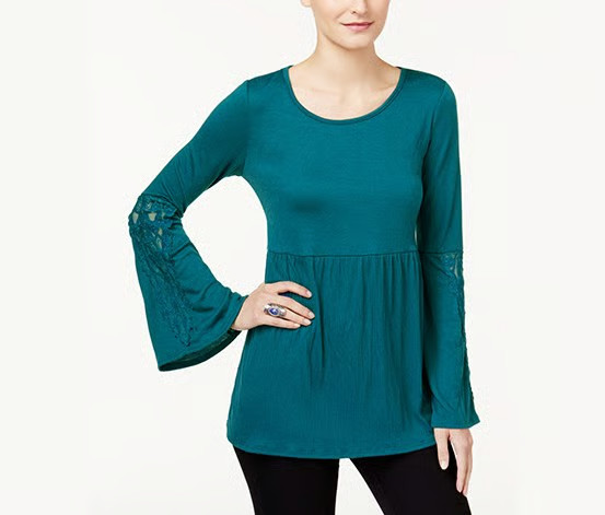 Style & Co Lace Trim Babydoll Top Women's S Rich Teal Scoop Neck Long Sleeve
