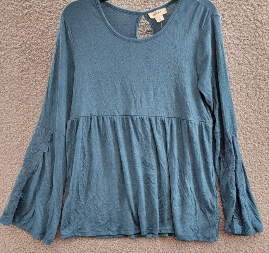 Style & Co Lace Trim Babydoll Top Women's S Rich Teal Scoop Neck Long Sleeve