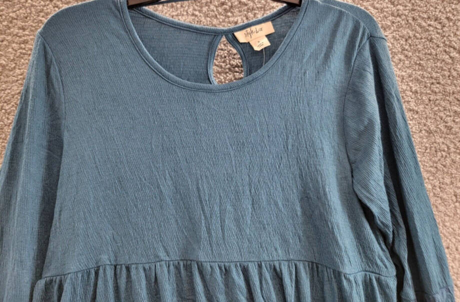 Style & Co Lace Trim Babydoll Top Women's S Rich Teal Scoop Neck Long Sleeve