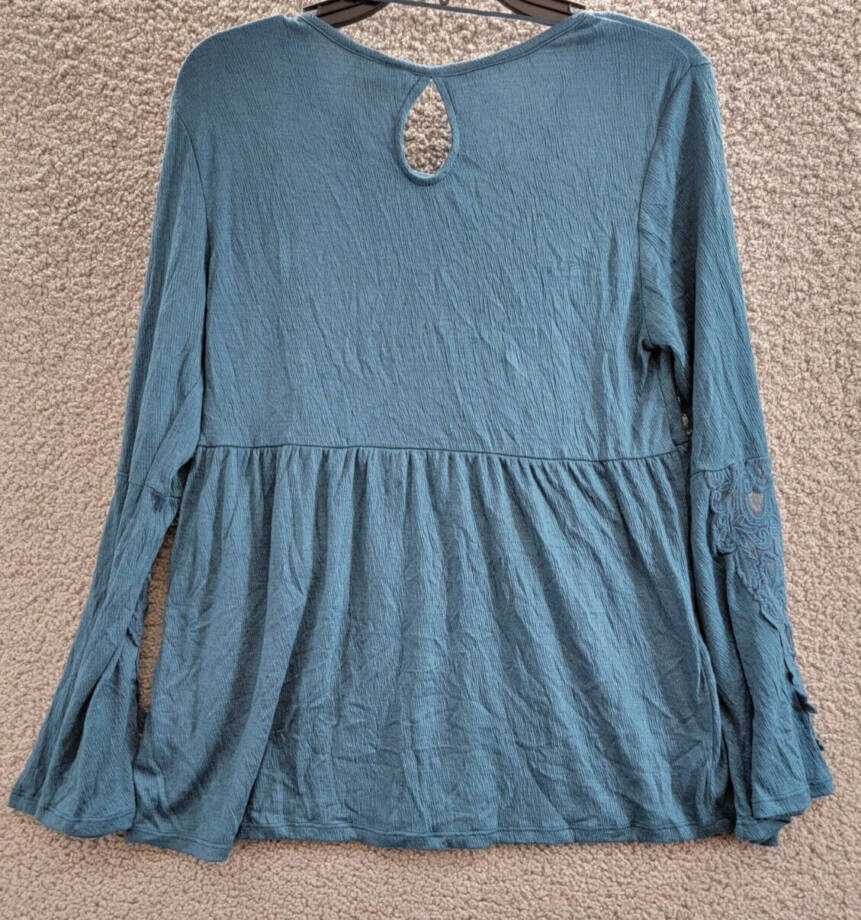 Style & Co Lace Trim Babydoll Top Women's S Rich Teal Scoop Neck Long Sleeve