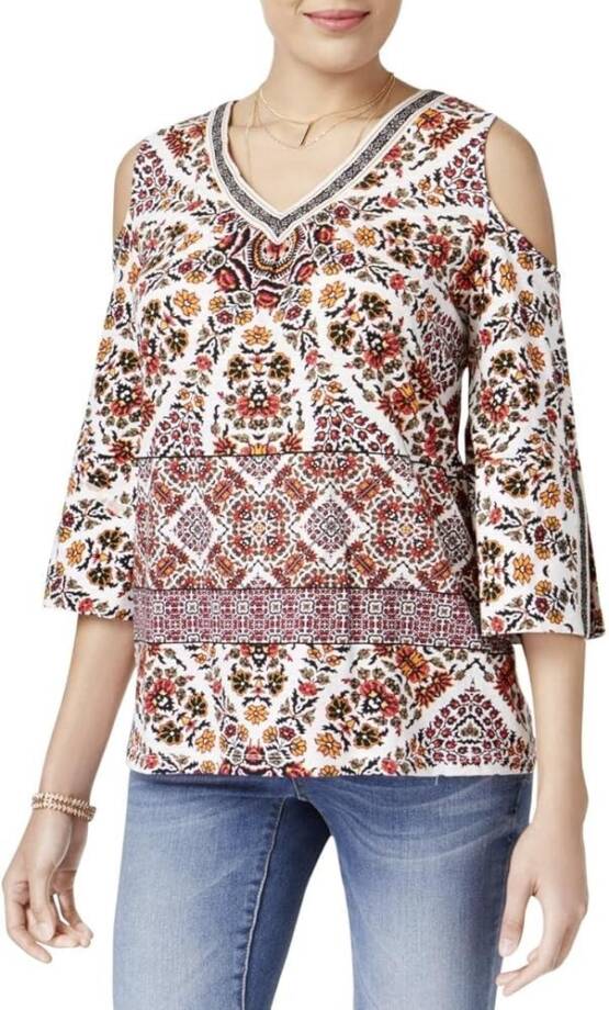 Style & Co. Cold-Shoulder Embroidered-Trim Top Women's S Garden Trance Pullover