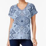 Style & Co Printed Short Cuffed-Sleeve Top Women's M Vision Fog V-Neck Pullover