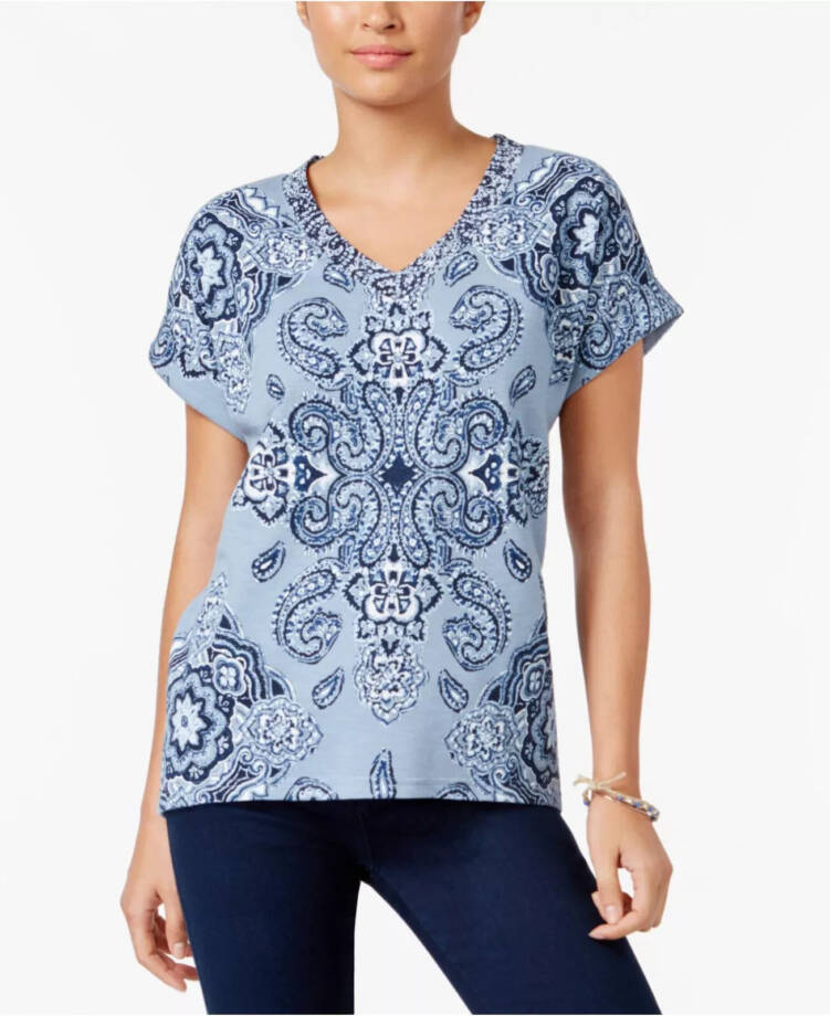 Style & Co Printed Short Cuffed-Sleeve Top Women's M Vision Fog V-Neck Pullover
