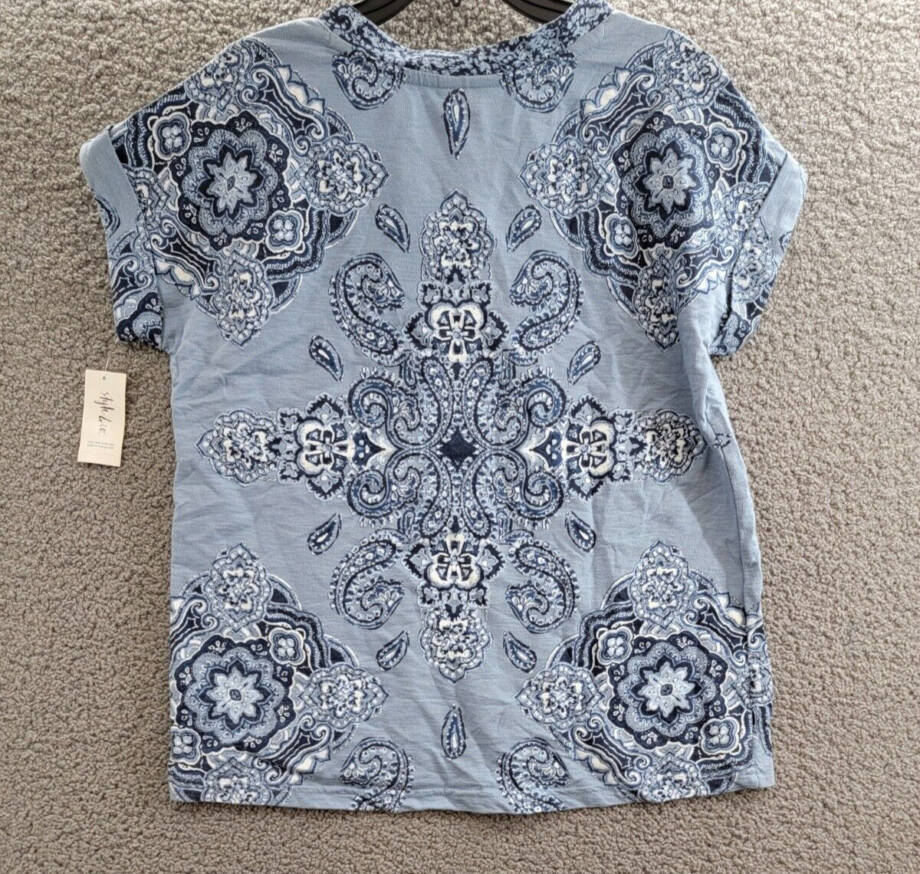 Style & Co Printed Short Cuffed-Sleeve Top Women's M Vision Fog V-Neck Pullover