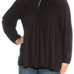 Charter Club Pleated Top Women's M Deep Black Solid Long Sleeve Button Closure