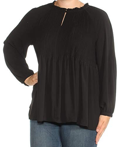 Charter Club Pleated Top Women's M Deep Black Solid Long Sleeve Button Closure