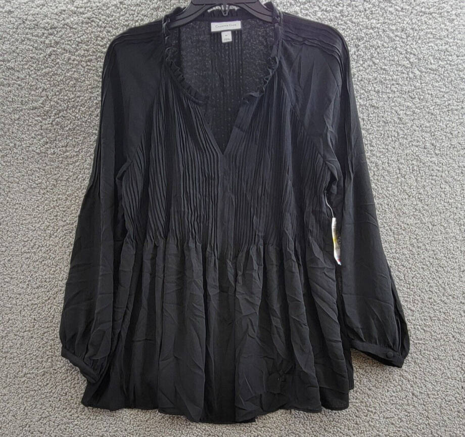 Charter Club Pleated Top Women's M Deep Black Solid Long Sleeve Button Closure