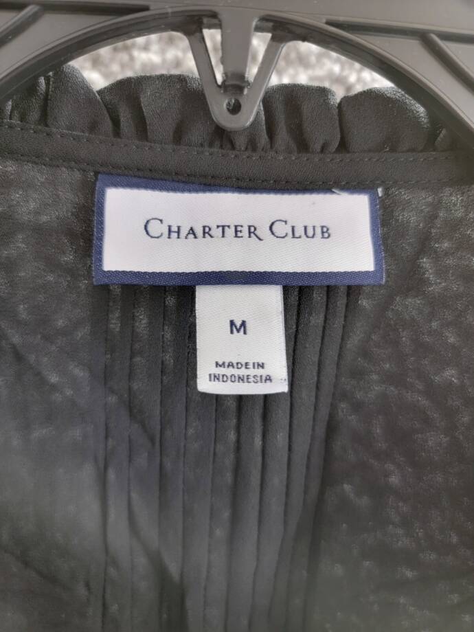 Charter Club Pleated Top Women's M Deep Black Solid Long Sleeve Button Closure