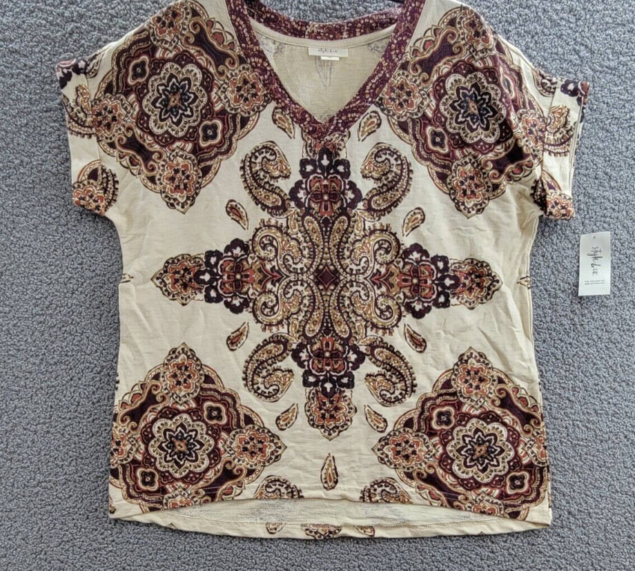 Style & Co. Ikat Roll-Up Sleeve T-Shirt Women's L Tile Vision Creme Pullover