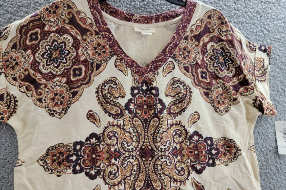 Style & Co. Ikat Roll-Up Sleeve T-Shirt Women's L Tile Vision Creme Pullover