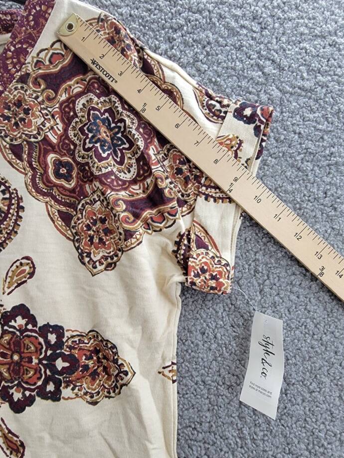 Style & Co. Ikat Roll-Up Sleeve T-Shirt Women's L Tile Vision Creme Pullover