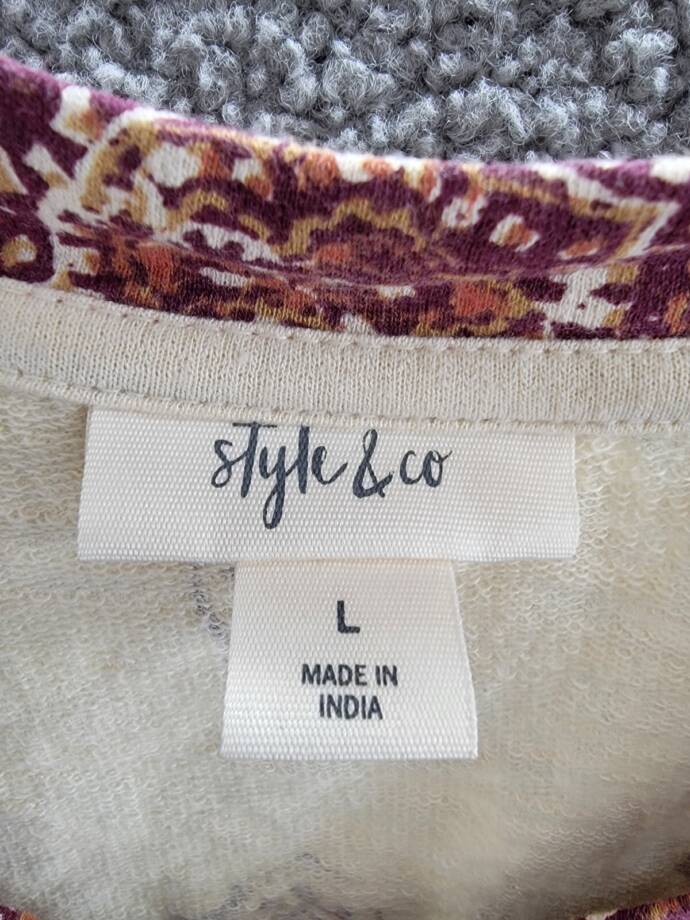 Style & Co. Ikat Roll-Up Sleeve T-Shirt Women's L Tile Vision Creme Pullover
