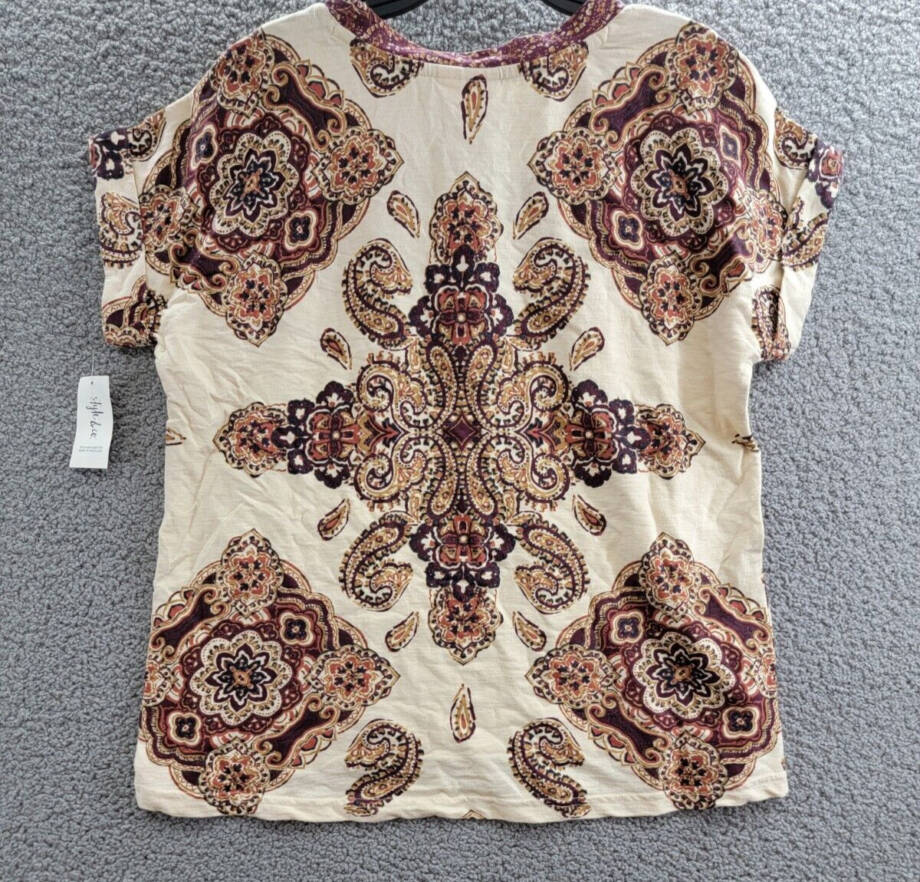 Style & Co. Ikat Roll-Up Sleeve T-Shirt Women's L Tile Vision Creme Pullover