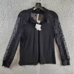 NY COLLECTION Petite Lace Long Sleeves Top Women's Black Collared Pullover Style