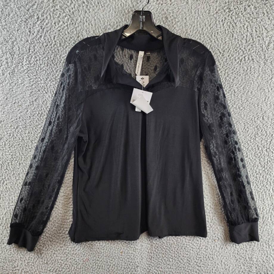 NY COLLECTION Petite Lace Long Sleeves Top Women's Black Collared Pullover Style