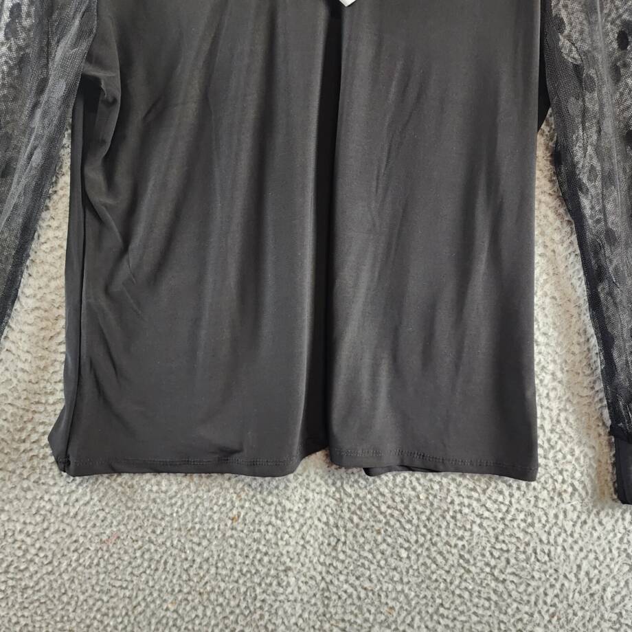 NY COLLECTION Petite Lace Long Sleeves Top Women's Black Collared Pullover Style