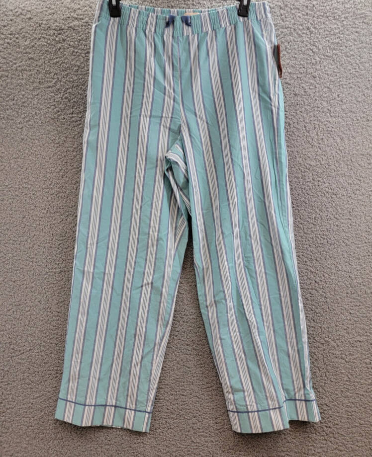 State of Day Striped Poplin Pajama Pants Women's Large Nile Blue Elastic Waist