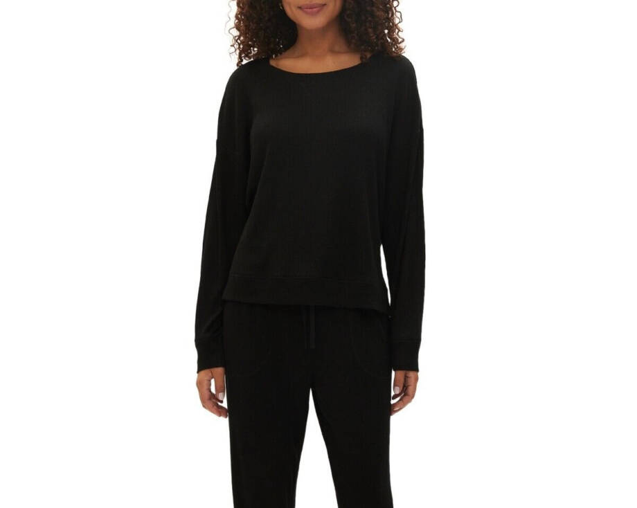 GapBody Long-Sleeve Pajama Top Women's L Black Solid Ribbed Round Neck Pullover