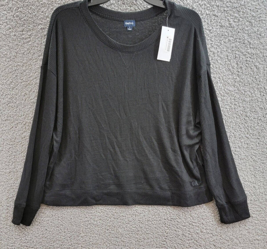 GapBody Long-Sleeve Pajama Top Women's L Black Solid Ribbed Round Neck Pullover