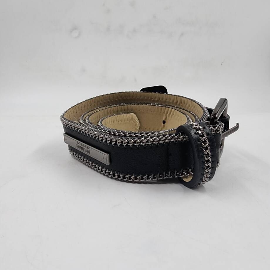 Steve Madden Chain-Edge Faux-Leather Belt Women's M Black Buckle Closure
