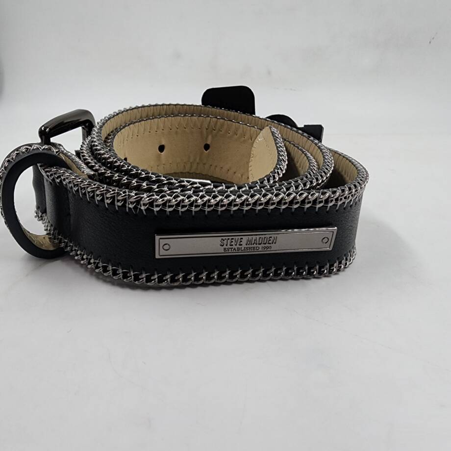 Steve Madden Chain-Edge Faux-Leather Belt Women's M Black Buckle Closure