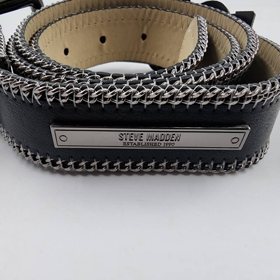 Steve Madden Chain-Edge Faux-Leather Belt Women's M Black Buckle Closure
