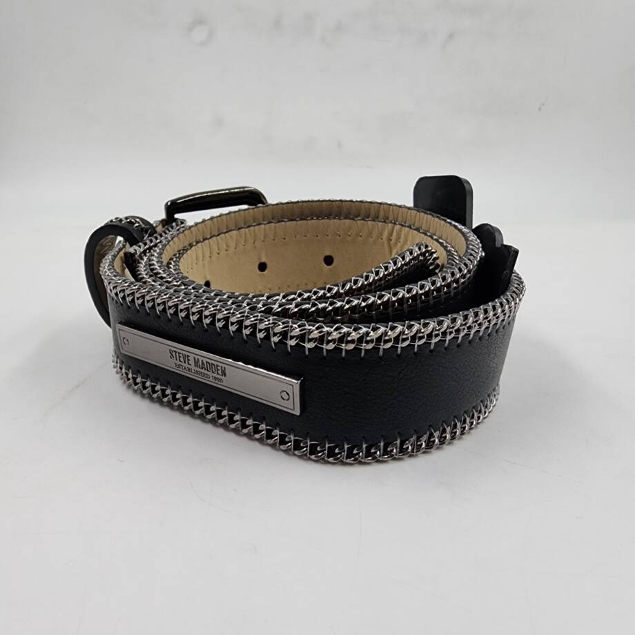 Steve Madden Chain-Edge Faux-Leather Belt Women's M Black Buckle Closure
