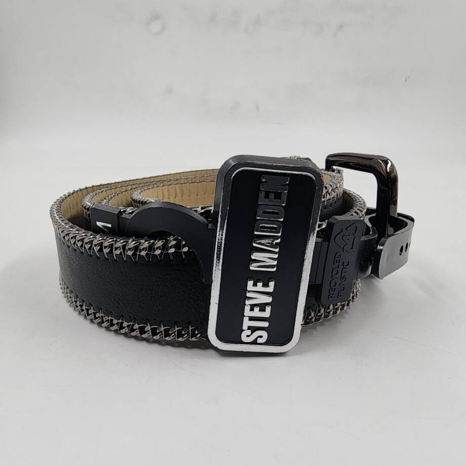 Steve Madden Chain-Edge Faux-Leather Belt Women's M Black Buckle Closure
