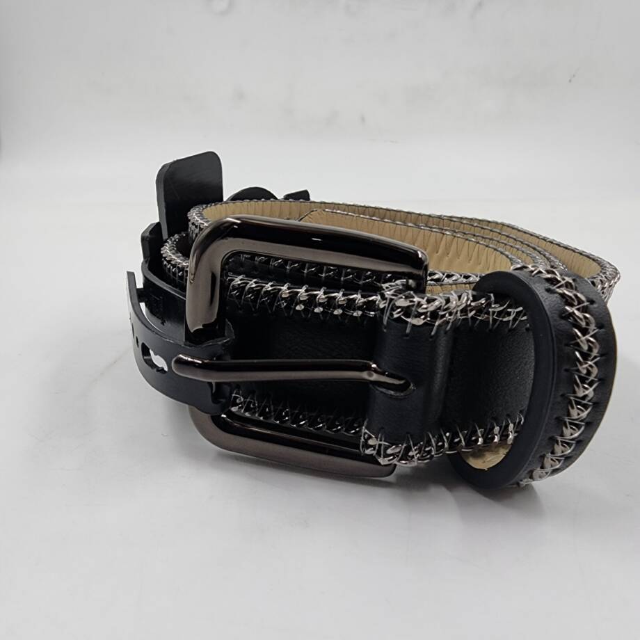 Steve Madden Chain-Edge Faux-Leather Belt Women's M Black Buckle Closure