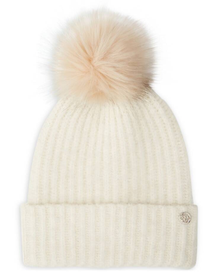 Steve Madden Cloud Knit Faux-Fur Pom Pom Beanie Hat Women's One Size Ivory